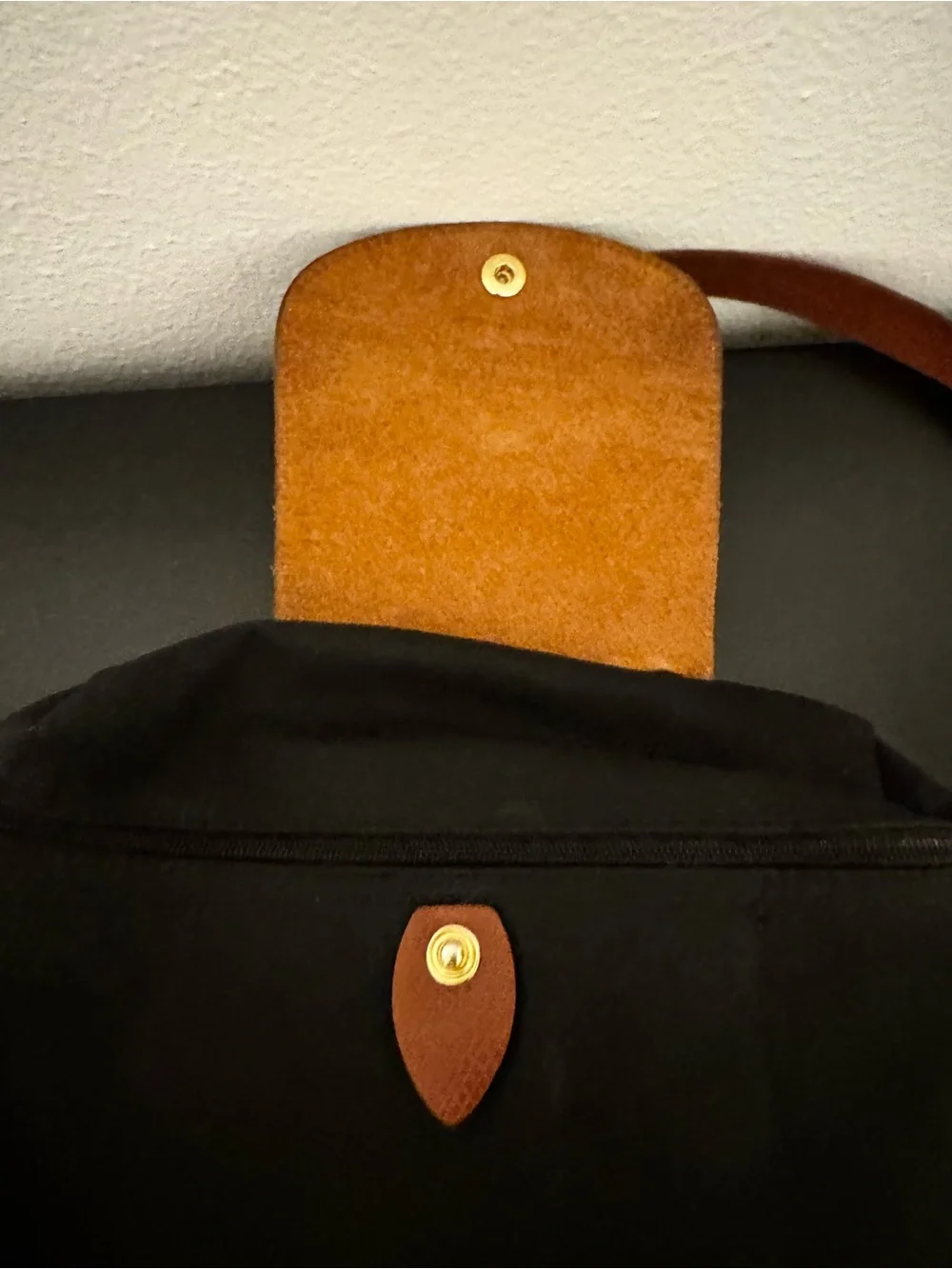 Longchamp Black Backpack with Brown Leather Flap